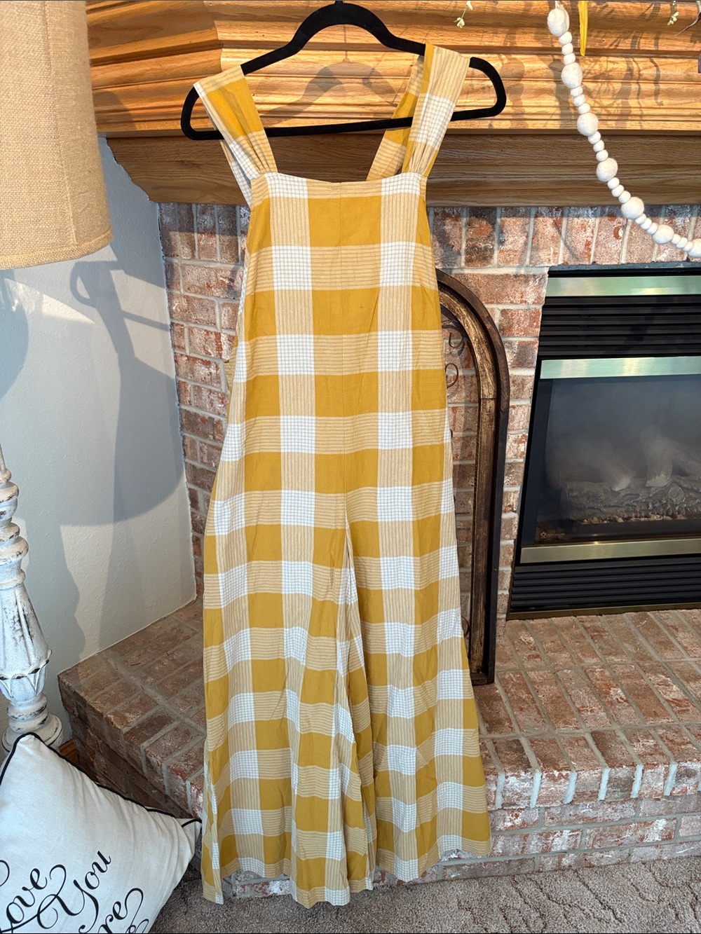 Women’s Mustard Check Wide-Leg Overalls Jumpsuit - Picture 5 of 11